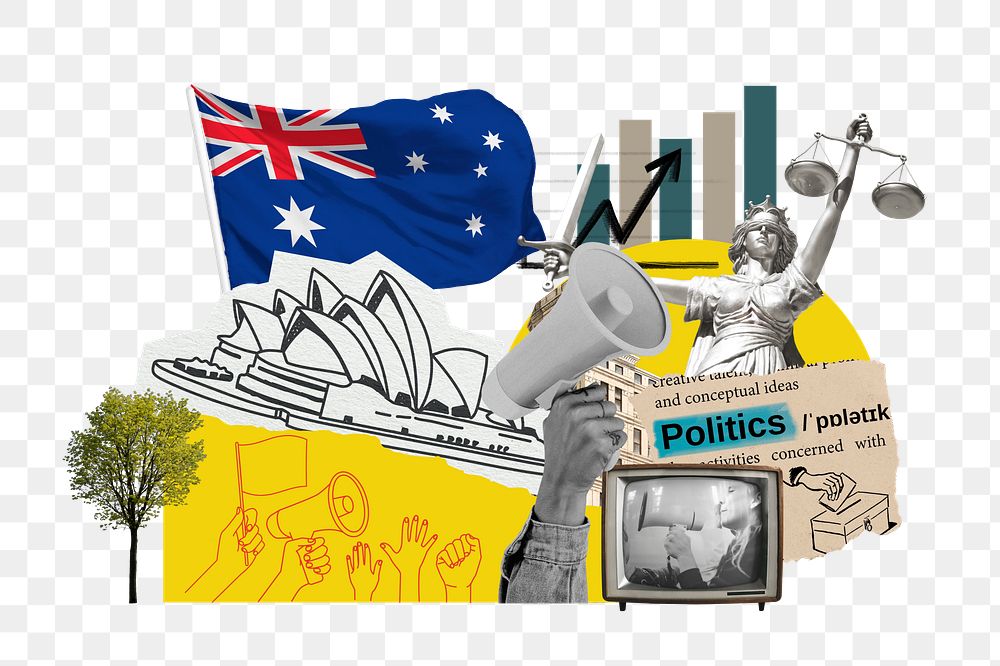 PNG Australian politics, social issues paper collage, transparent background