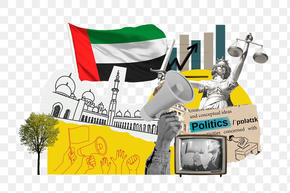 PNG UAE politics, social issues paper collage, transparent background