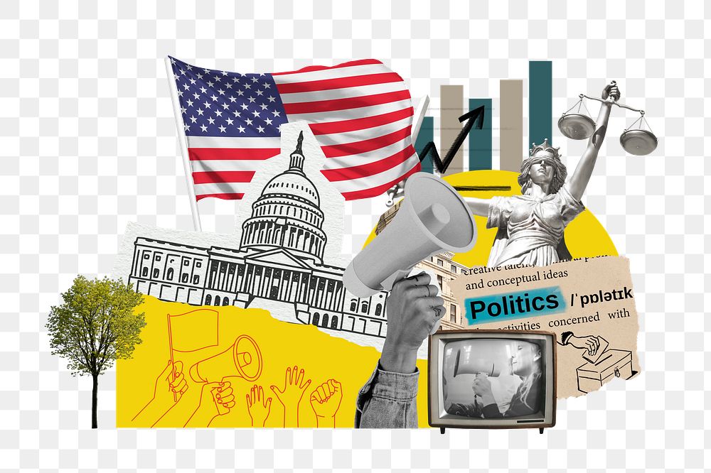 PNG American politics, social issues paper collage, transparent background