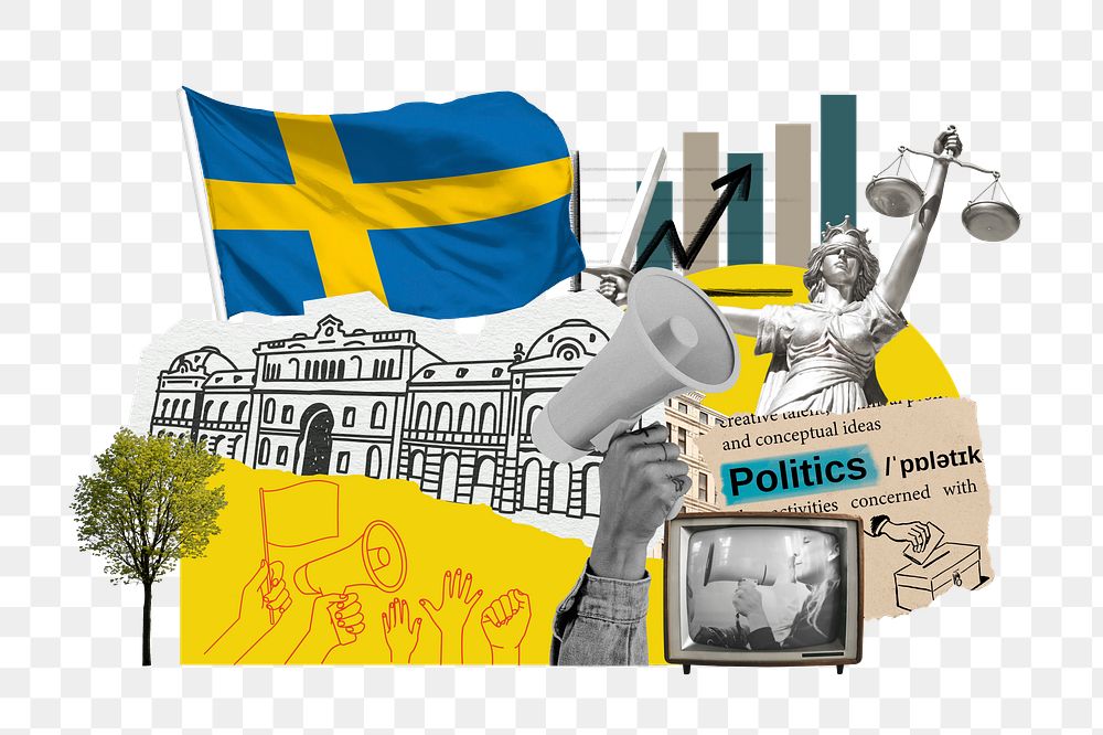 PNG Swedish politics, social issues paper collage, transparent background