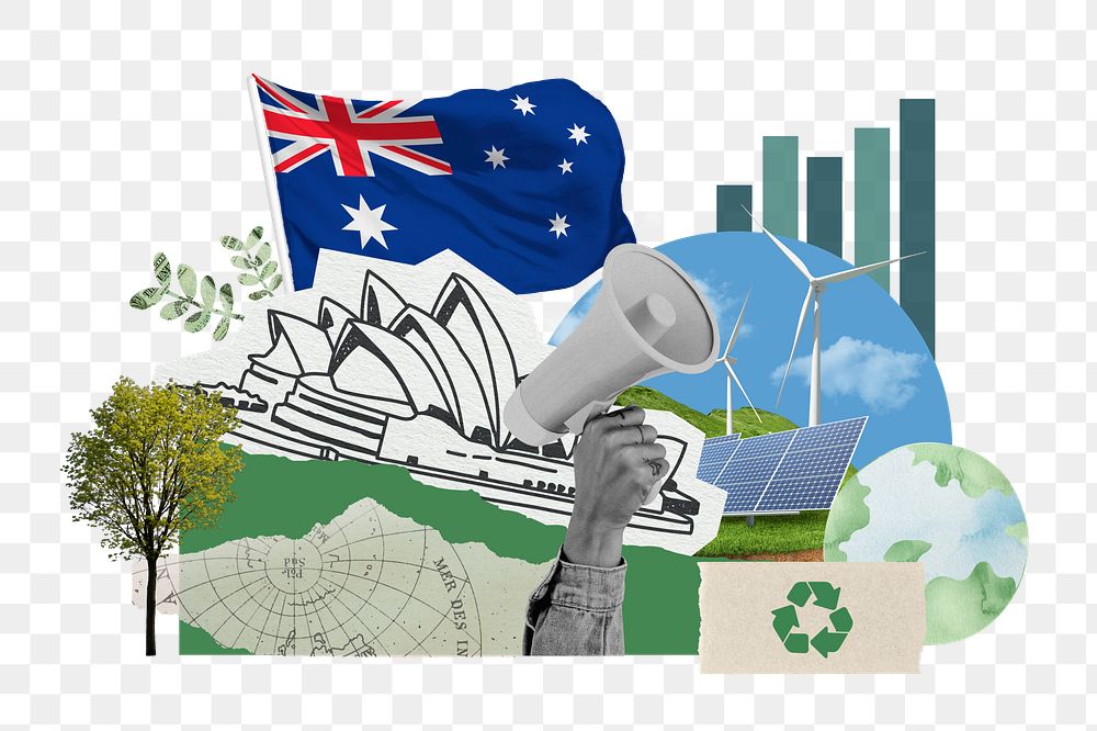 PNG Australian climate protest, environment collage, transparent background