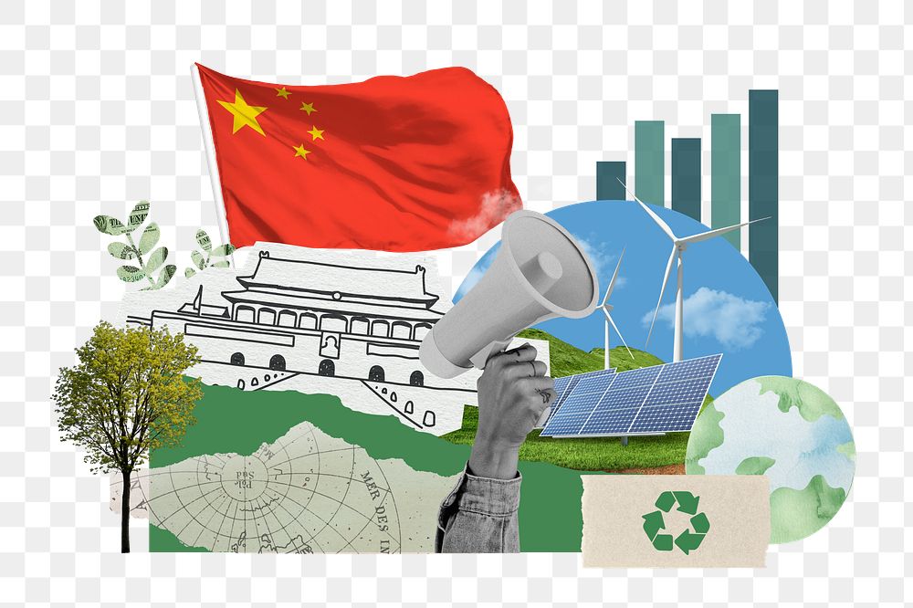PNG Chinese climate protest, environment collage, transparent background