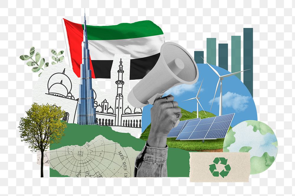 PNG UAE climate protest, environment collage, transparent background