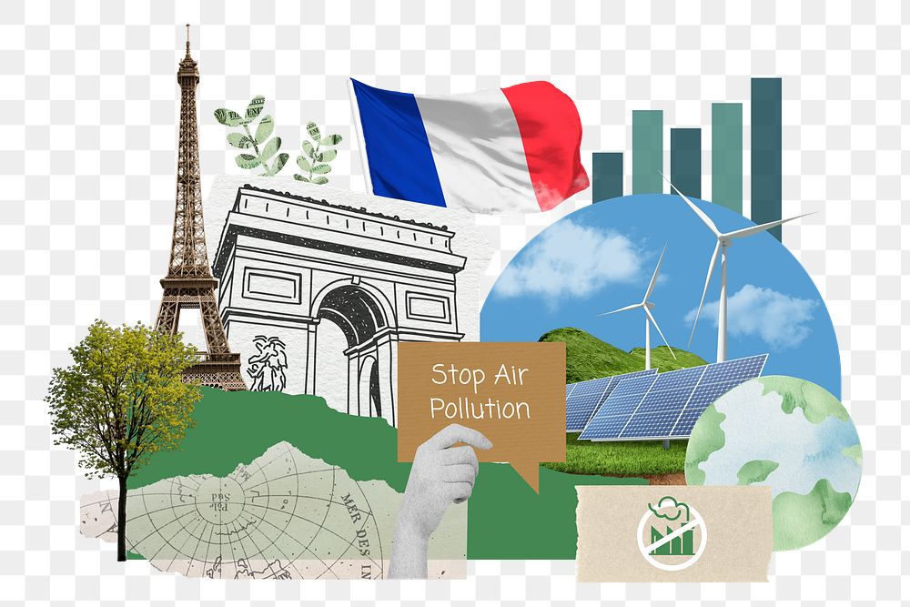PNG stop air pollution, French, environment collage, transparent background