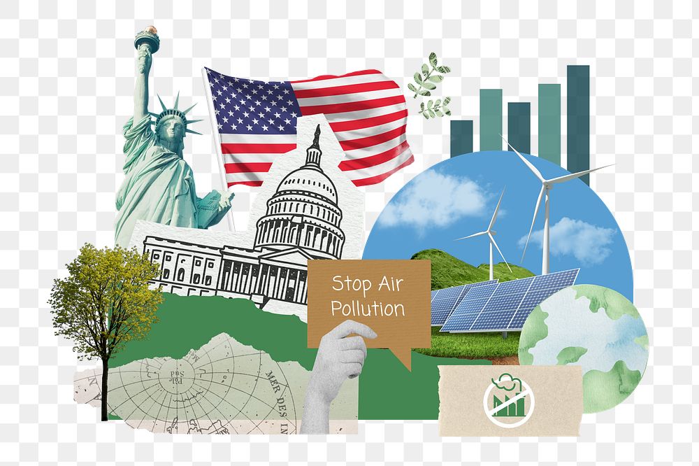 PNG stop air pollution, American, environment collage, transparent background
