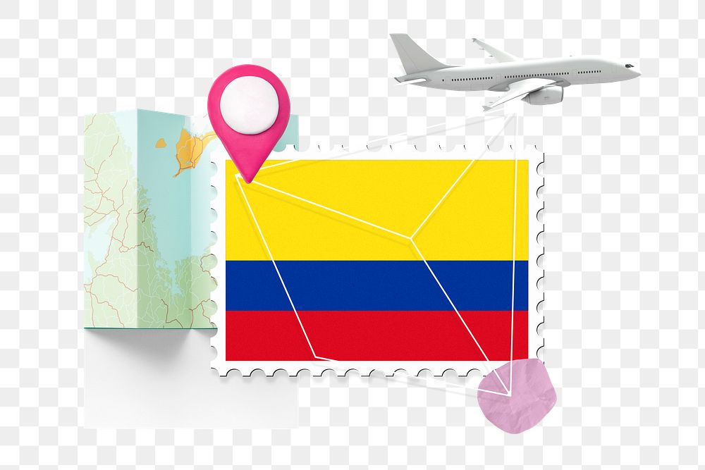PNG Colombia travel, stamp tourism collage illustration, transparent background