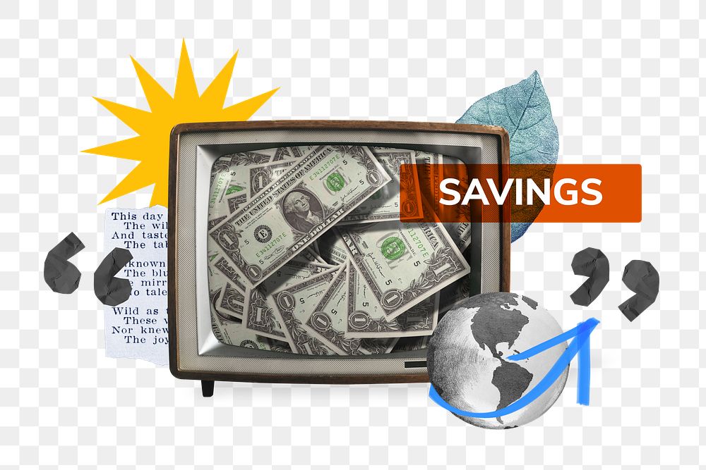 Savings png, TV news, money collage, transparent background