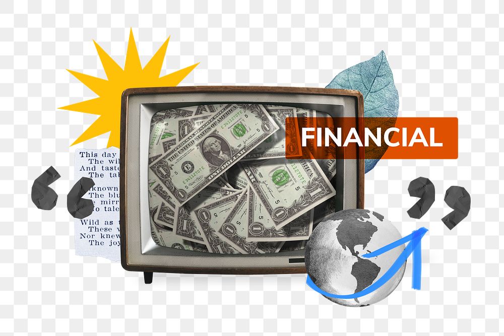 Financial png, TV news, money collage, transparent background