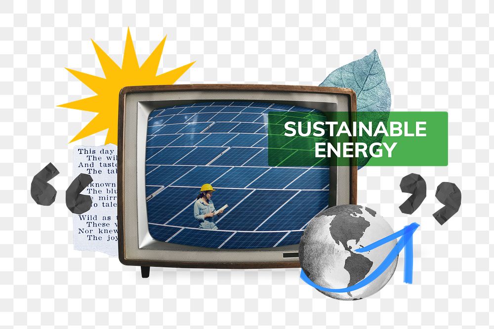 Sustainable energy png, TV news, environment collage, transparent background