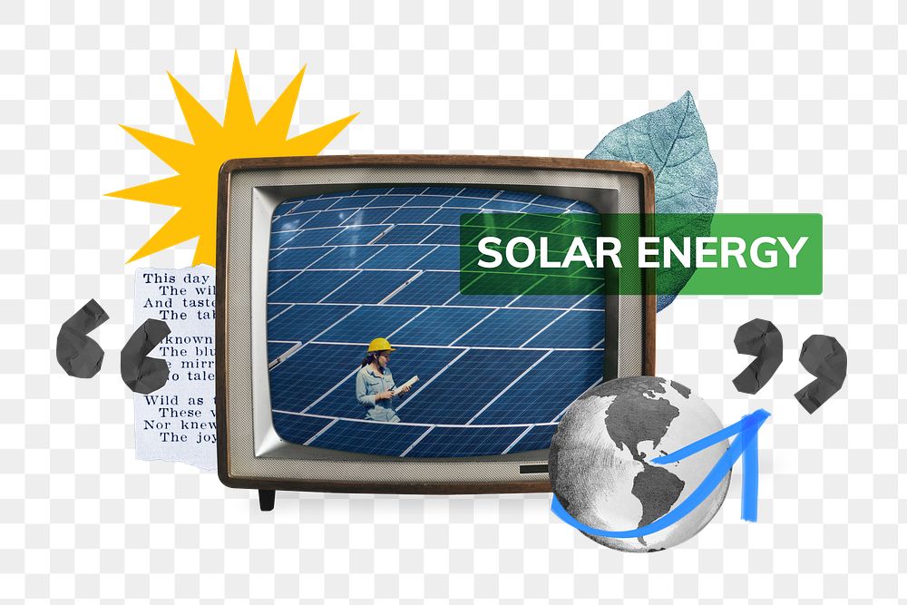 Solar energy png, TV news, environment collage, transparent background