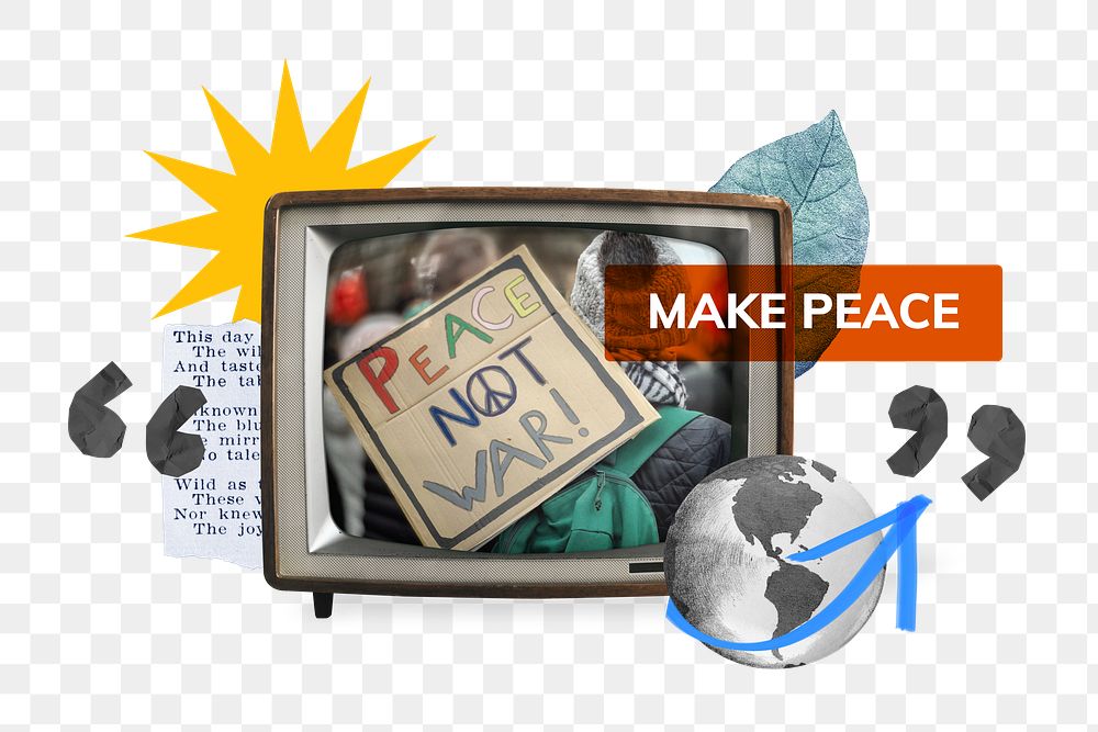 Make peace png, TV news collage illustration, transparent background