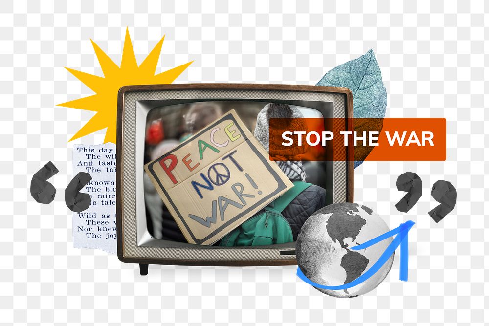 Stop the war png, TV news collage illustration, transparent background
