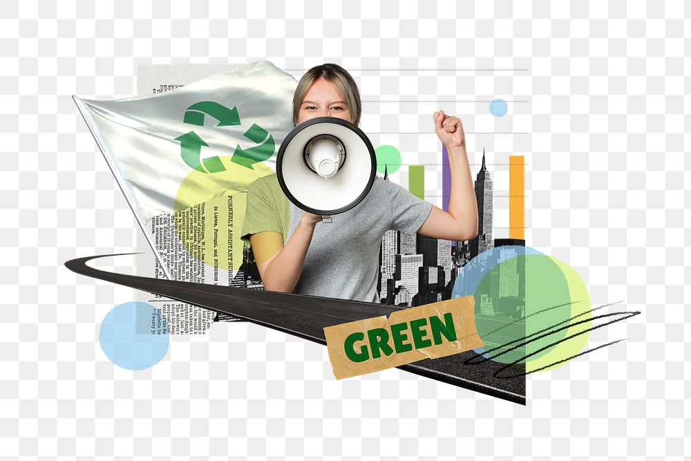 Green protest png, environmental issue collage, transparent background
