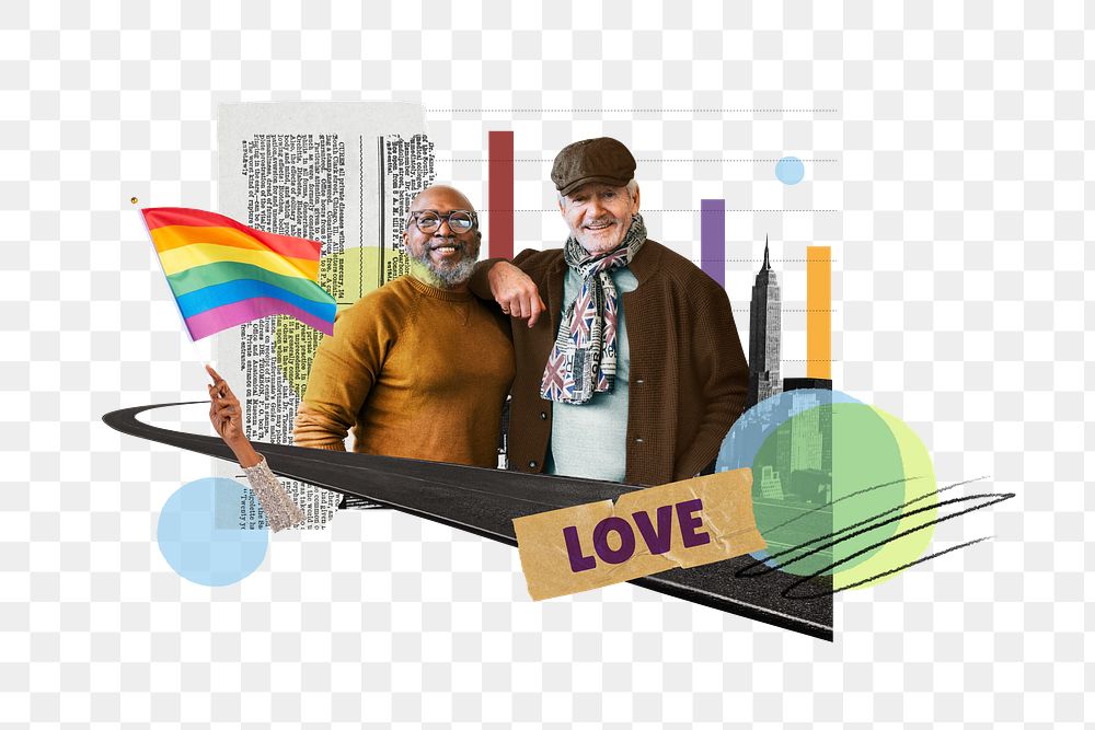 Love png, gay couple, LGBT pride photo collage, transparent background