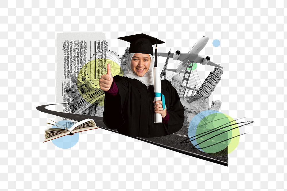 Study abroad png, education photo collage, transparent background