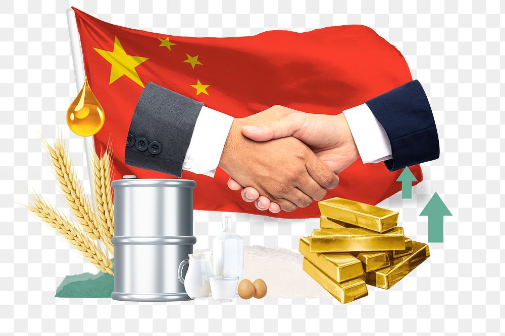 PNG Chinese commodity market, economy finance collage, transparent background