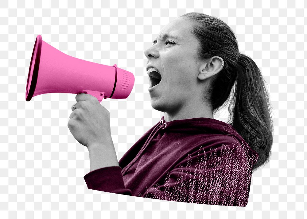Png protester shouting into pink megaphone, transparent background