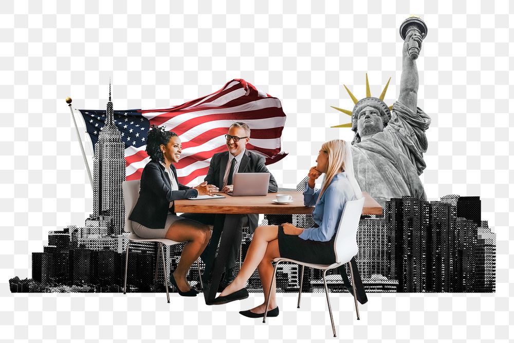 American partnership png, business photo collage, transparent background