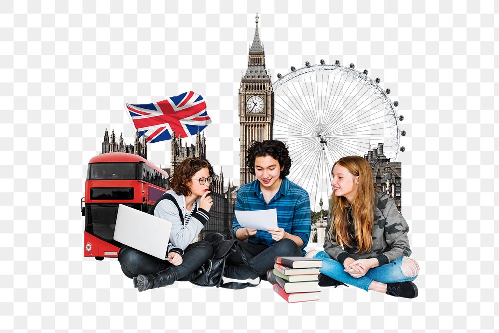 PNG Study in UK, education photo collage, transparent background