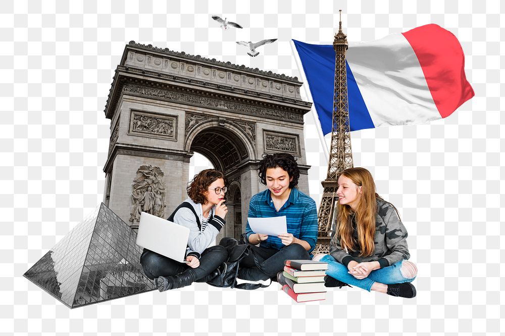 PNG Study in France, education photo collage, transparent background