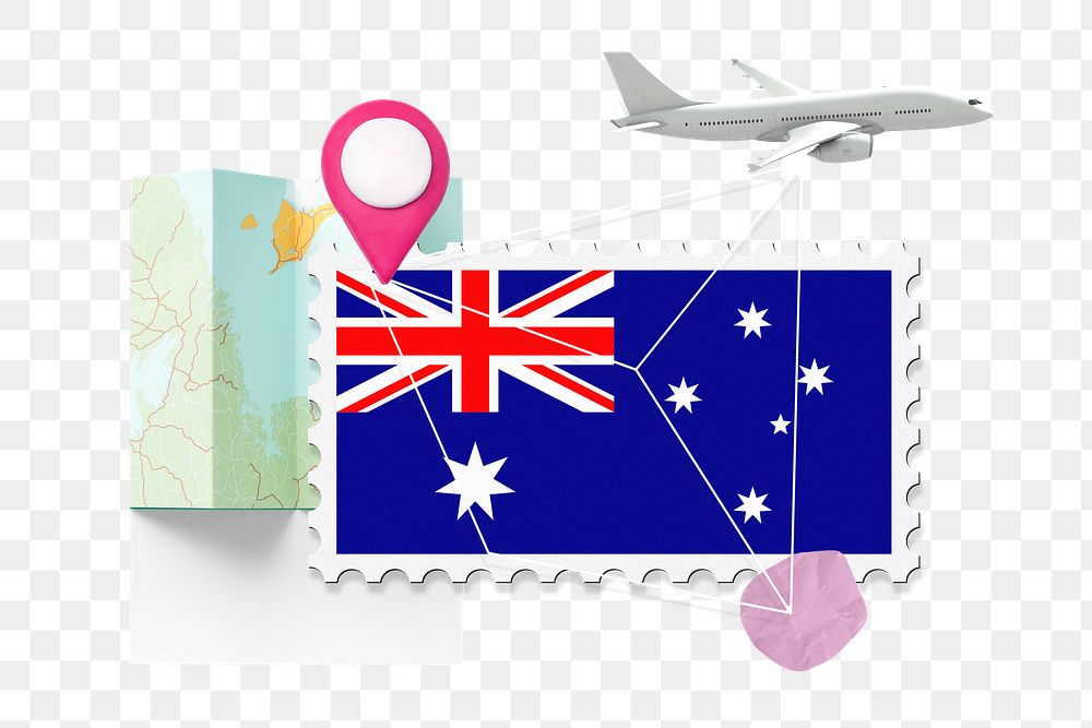 PNG Australia travel, stamp tourism collage illustration, transparent background