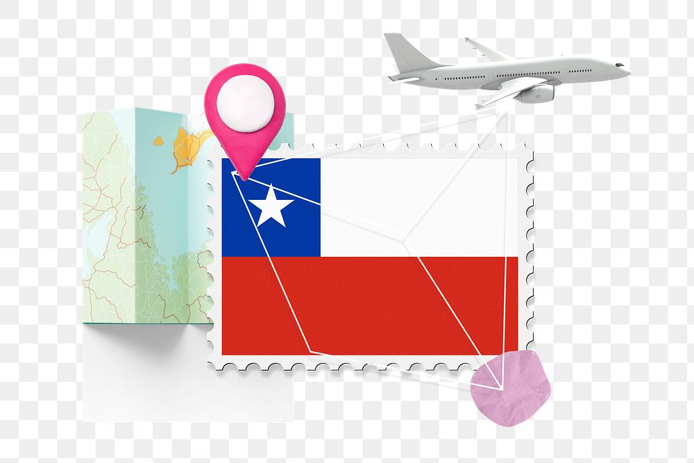 PNG Chile travel, stamp tourism collage illustration, transparent background