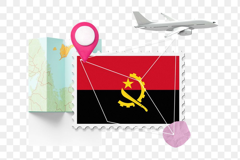 PNG Angola travel, stamp tourism collage illustration, transparent background