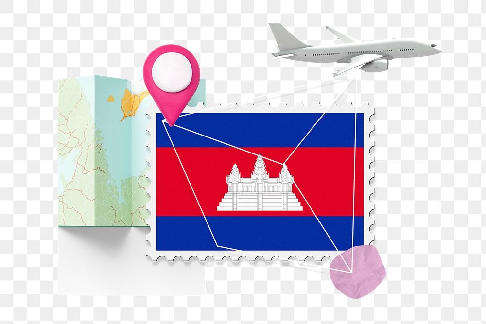 PNG Cambodia travel, stamp tourism collage illustration, transparent background