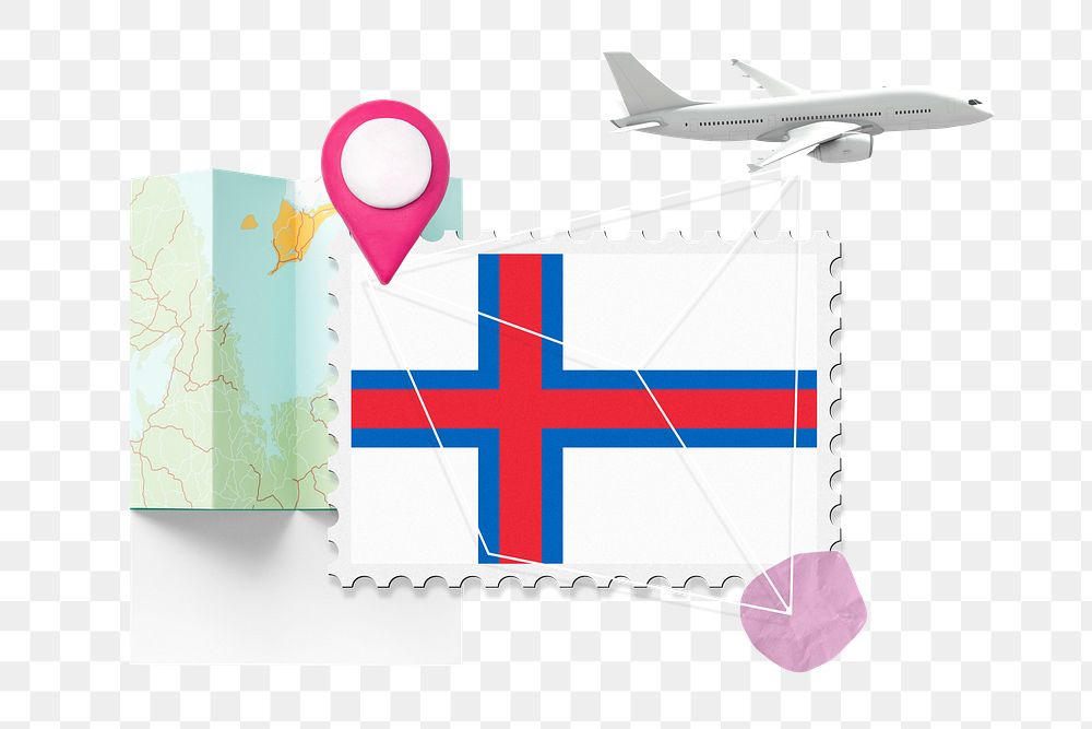 PNG Faroe islands travel, stamp tourism collage illustration, transparent background