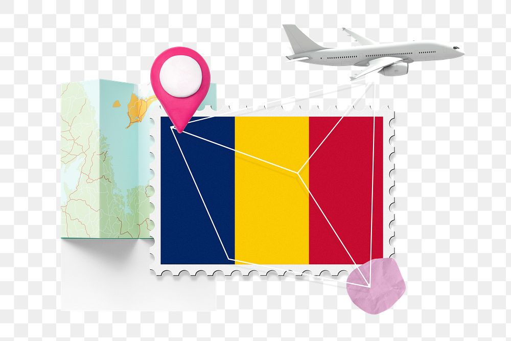 PNG Romania travel, stamp tourism collage illustration, transparent background