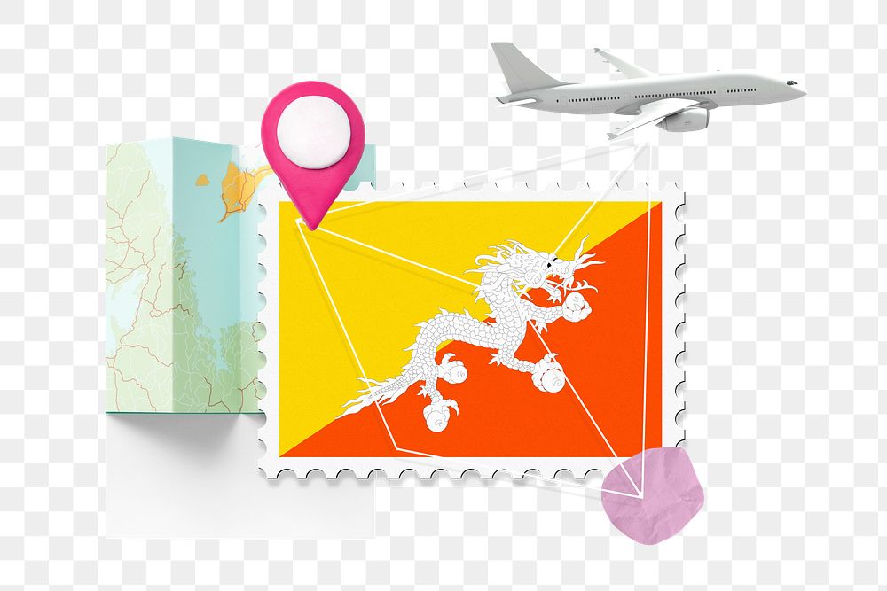 PNG Bhutan travel, stamp tourism collage illustration, transparent background