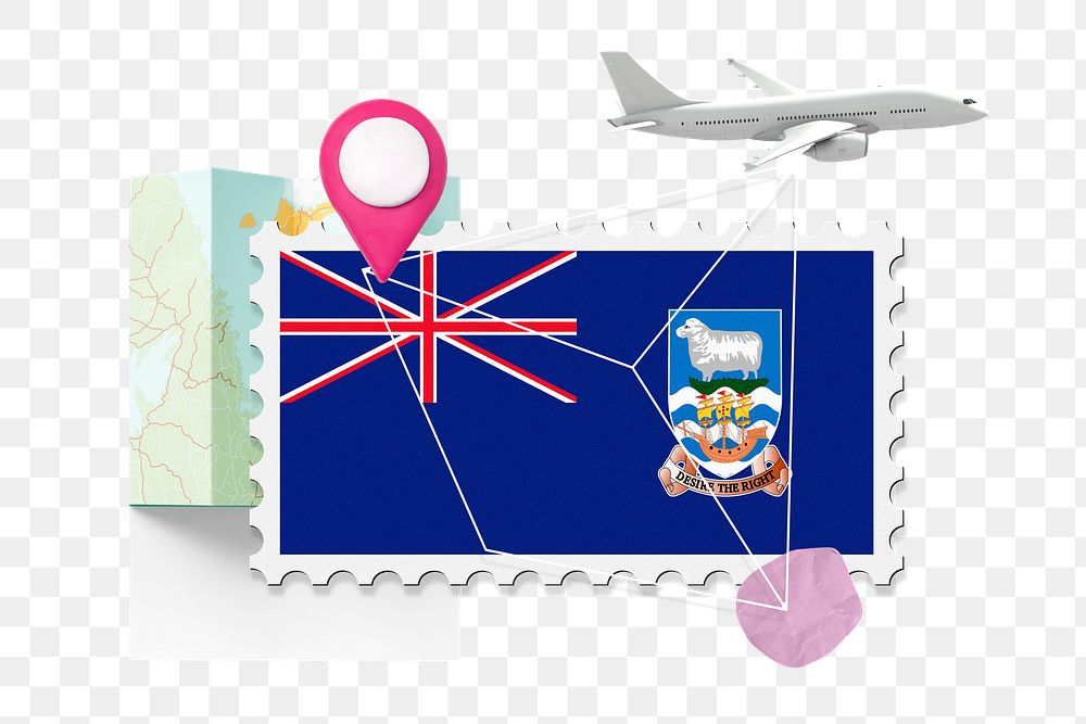 PNG Falkland Islands travel, stamp tourism collage illustration, transparent background