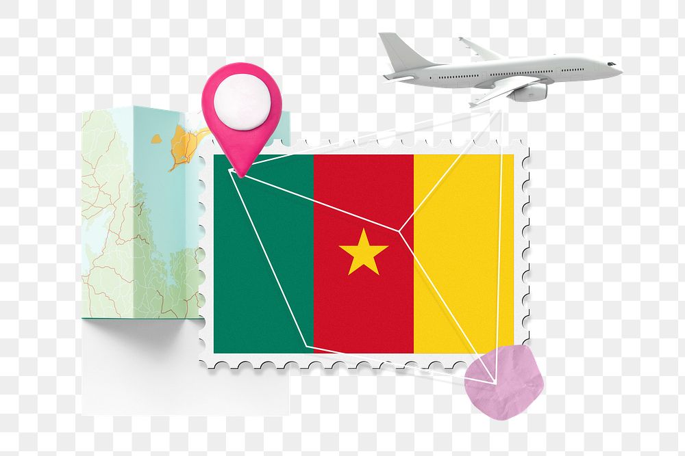 PNG Cameroon travel, stamp tourism collage illustration, transparent background