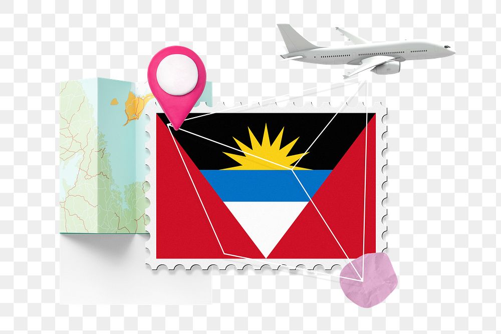PNG Antigua travel, stamp tourism collage illustration, transparent background
