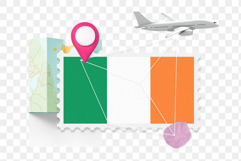PNG Ireland travel, stamp tourism collage illustration, transparent background