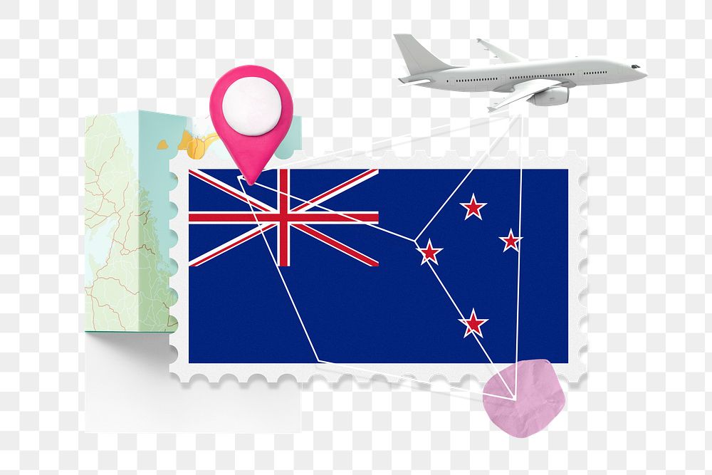 PNG New zealand travel, stamp tourism collage illustration, transparent background