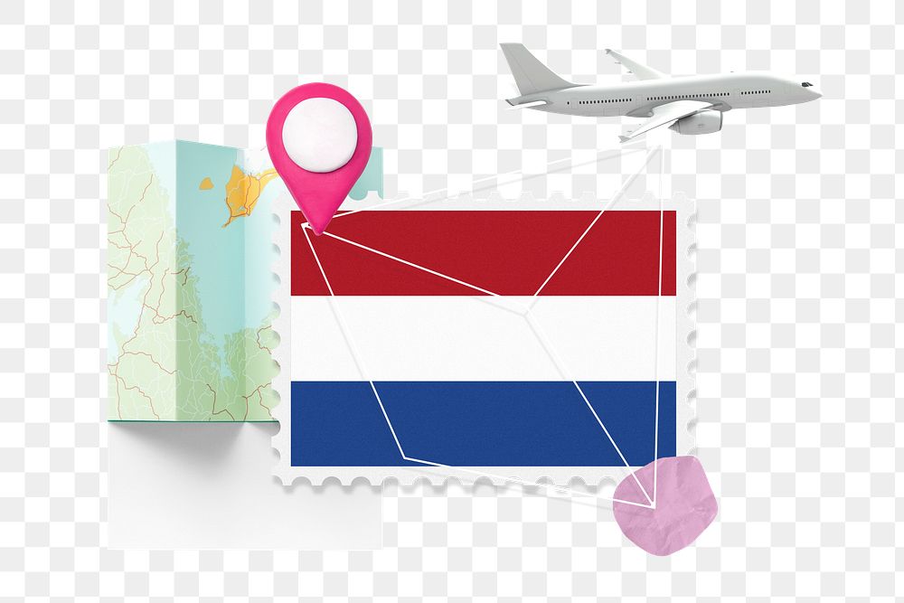 PNG Netherlands travel, stamp tourism collage illustration, transparent background