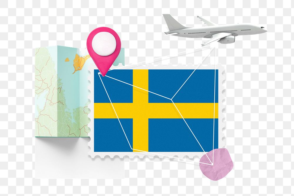 PNG Sweden travel, stamp tourism collage illustration, transparent background