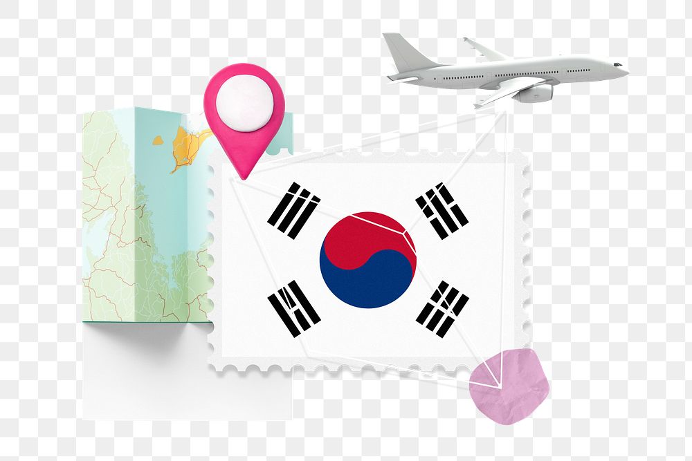 PNG South Korea travel, stamp tourism collage illustration, transparent background