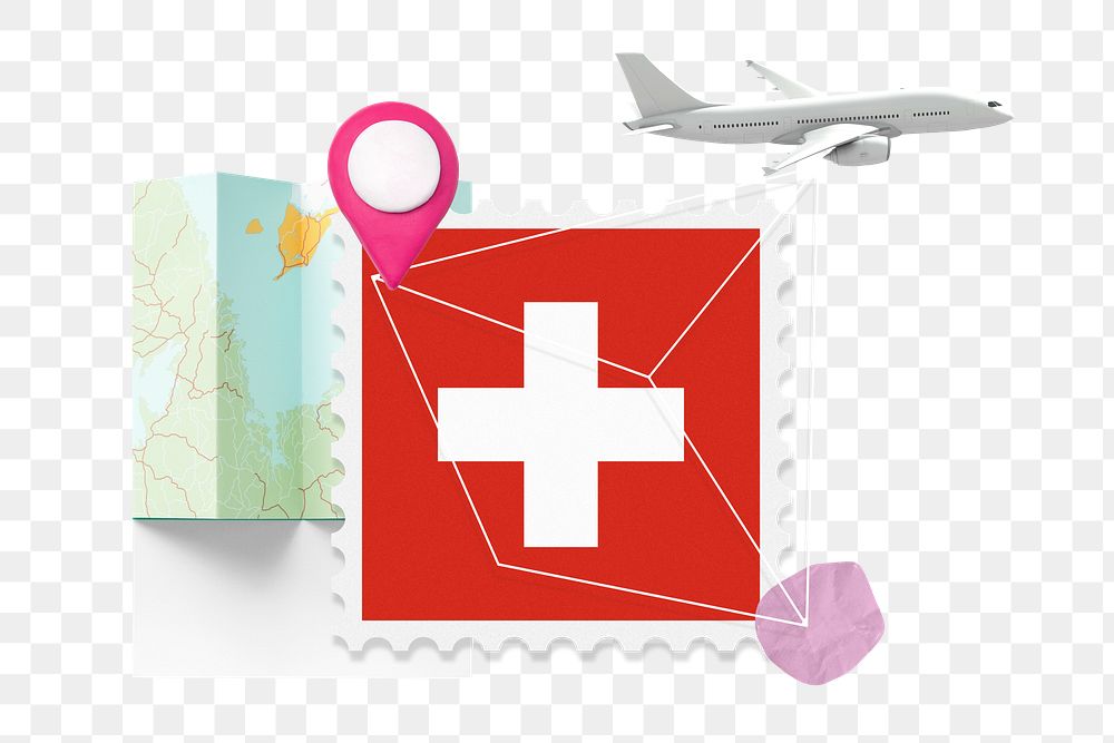 PNG Switzerland travel, stamp tourism collage illustration, transparent background