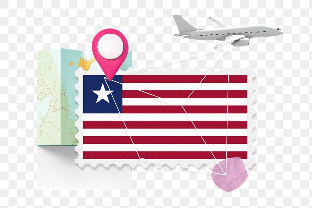 PNG Liberia travel, stamp tourism collage illustration, transparent background