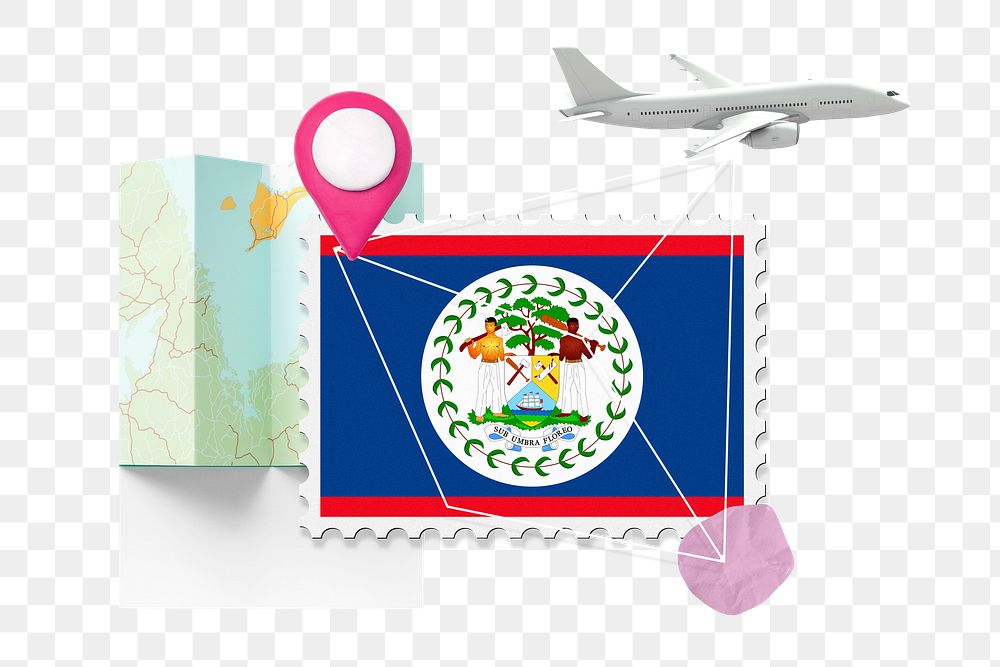 PNG Belize travel, stamp tourism collage illustration, transparent background