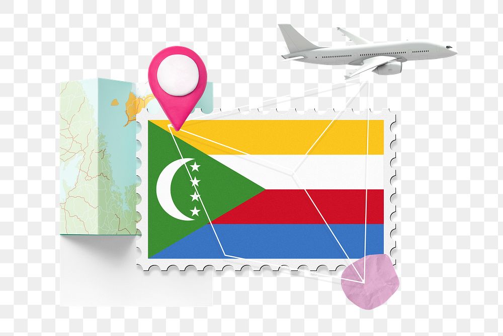 PNG Comoros travel, stamp tourism collage illustration, transparent background