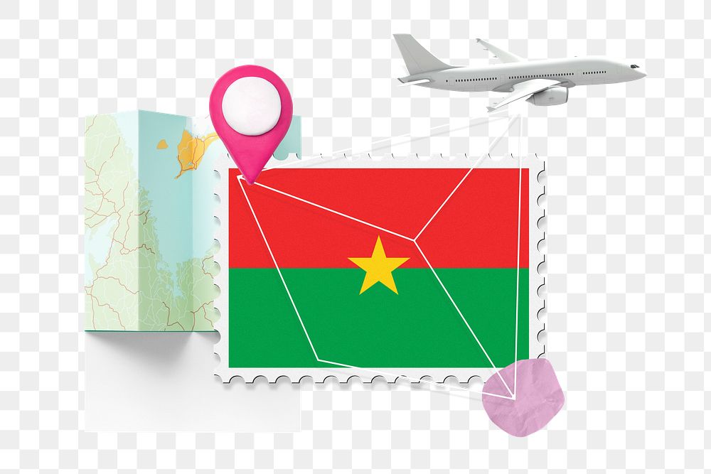 PNG Burkina Faso travel, stamp tourism collage illustration, transparent background