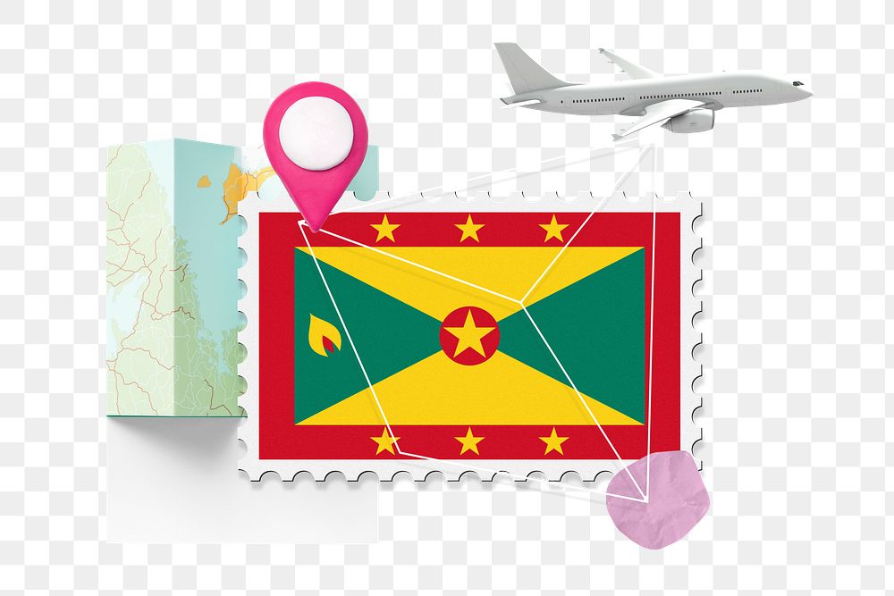 PNG Grenada travel, stamp tourism collage illustration, transparent background