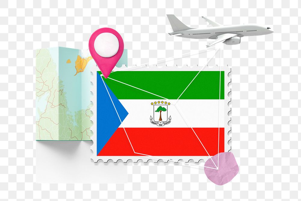 PNG Equatorial Guinea travel, stamp tourism collage illustration, transparent background