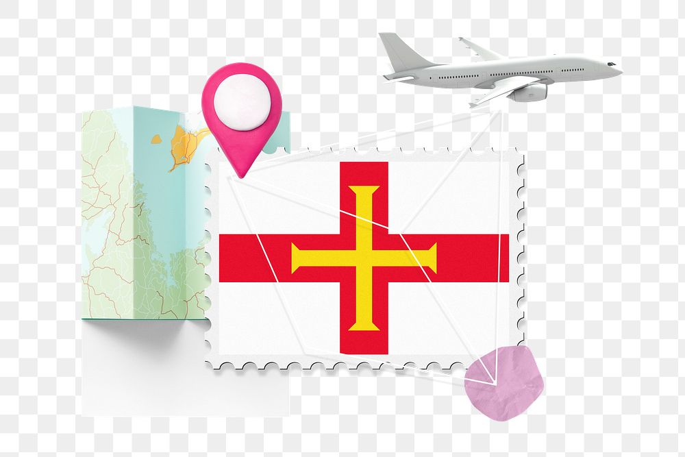 PNG Guernsey travel, stamp tourism collage illustration, transparent background