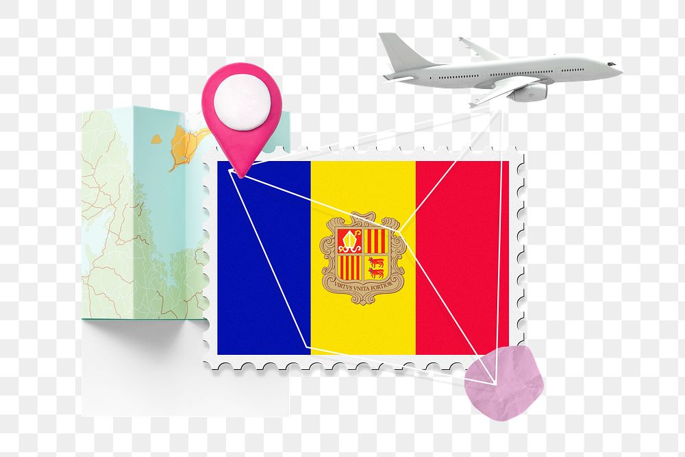 PNG Andorra travel, stamp tourism collage illustration, transparent background