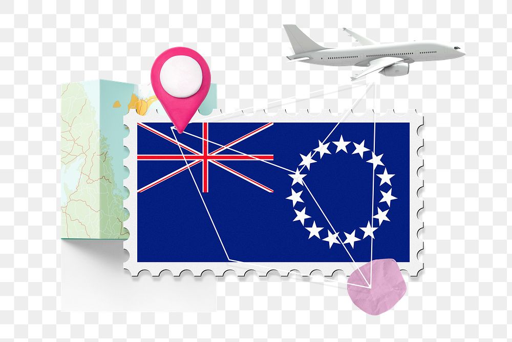 PNG Cook island travel, stamp tourism collage illustration, transparent background