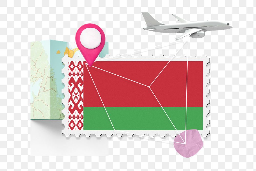 PNG Belarus travel, stamp tourism collage illustration, transparent background